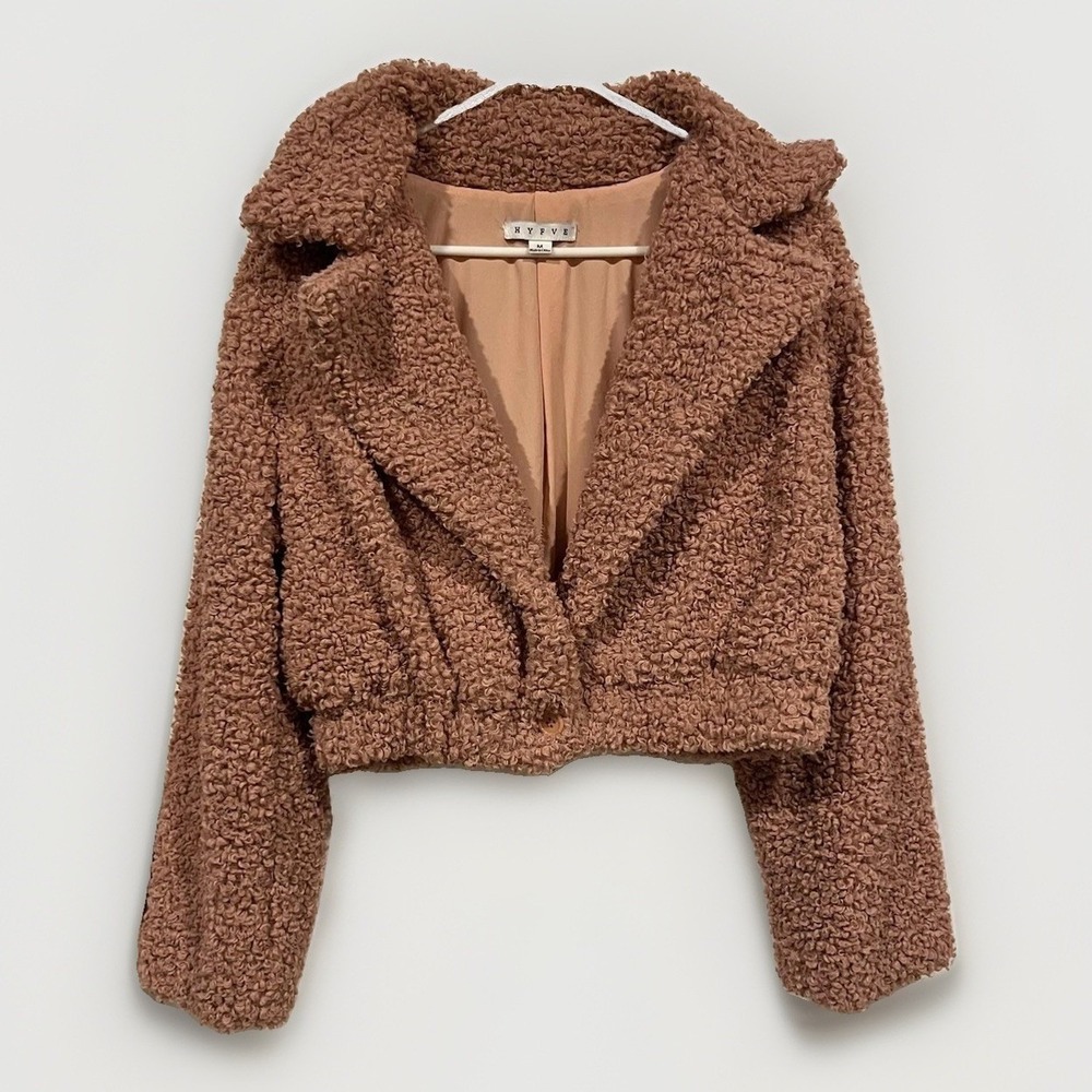 HYFVE Jacket Womens Medium Brown Sherpa Teddy Fleece Cropped Button Front Lined